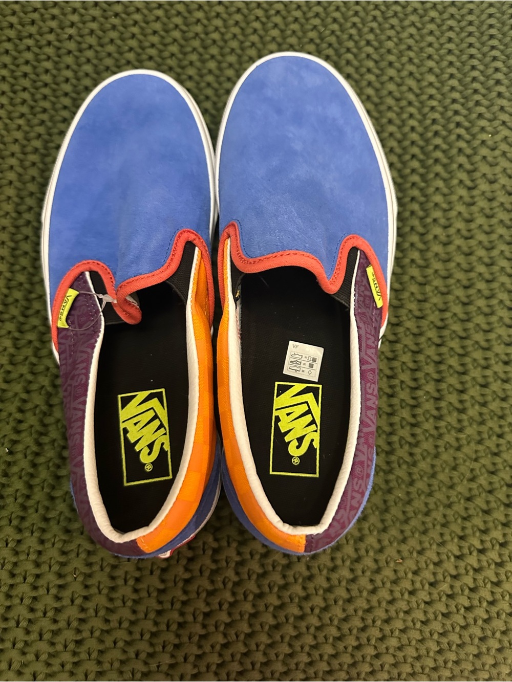 Vans Slip-On Sneakers in Blue with Orange and Purple Accents. Men 8, Women 9.5